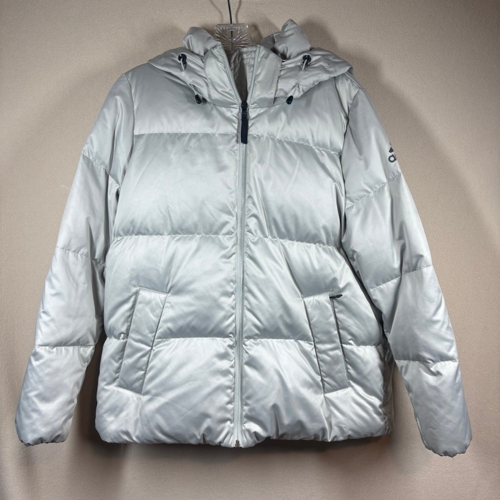 Adidas Womens Short Hooded Puffer Down Jacket Metallic Silver US Size Small
